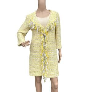 St. John Boutiques 8 Yellow Tweed Longline Cardigan Jacket Fringe Bouclé SP 2016